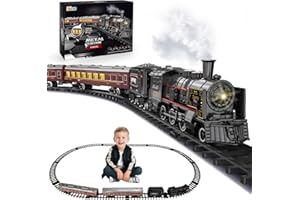 deAO Trenino Natalizio, Trenino Elettrico Classico con Binario Ovale - a Vapore Vintage con Vagoni Illuminati, Vapore e Suono - Regalo Perfetto per Bambini dai 3 4 5 6 Anni+, Nero