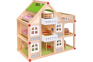 SirWood Casa in Legno di 2 Piani alta 55 cm - 12 arredi in legno inclusi Globo Giocattoli - 40892