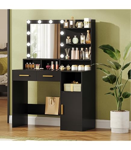 Coiffeuse Avec Miroir Et Tabouret | Table Maquillage LED Réglable | 6 Tiroirs | Noir 131x36x80 Cm