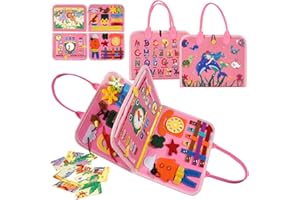 HitTopss Busy Board for Toddlers, Sensory Activity Board for Travel Car Airplane, 25-in-1 Montessori Educational Toys for Learning Fine Motor Skills, Gift for Boys Girls (Pink)