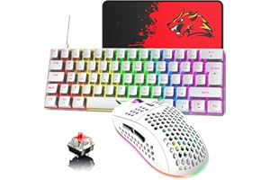 HOOPOND 60% UK-Layout Kabelgebundene Gaming-Tastatur und -Maus 62Keys Mini Compact Mechanical Keyboard, 19 Rainbow Lighting Effect +6 RGB Lighting Effect6400 DPI Leichte Gaming-Maus (weiß/roter Schalter)