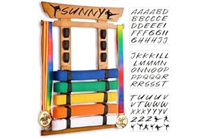Tilhumt 8 Belts Karate Belt Display Rack with Medal Hanger and Stickers, Taekwondo Belt Display Holder, Martial Arts Belt Display Organizer for Kids and Adults, No Assembly Required