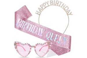 Stiedey Birthday Queen Accessories Kit, Birthday Glitter Pink Sash with Heart Pearl Sunglasses and Sparkling Crystal Headband, Happy Birthday Party Accessories for Girl Women Costume