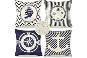 ELITEHOMECOMFORTS Funda Cojin Impermeable Rayas Azules Fundas Cojines 40 x 40 cm Lino Funda Cojines Verano Estilo Marinero Náutico Ancla Velero Fundas de Cojines Para Jardín Balcones Camping Muebles de Patio Exterior