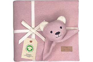 DIKOS Oryginalny kocyk niemowlęcy SCHMUSE-miś (brudny róż) – Premium 2 w 1 dla noworodka przytulny koc i chusta do przytulania – z miękkiej dzianiny ekologicznej (GOTS/Oeko-Tex) – prezent z okazji
