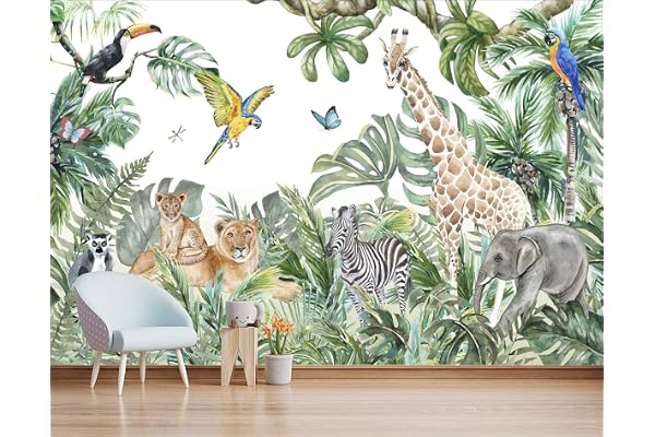 MWSSEGGE Papier Peint Intissé Animaux De La Jungle Girafe éléphant Lion Poster Tableaux Photo Muraux Utilisé Pour Salon Chambre Chambre D'Enfant Décoration Murale (366x254cm)
