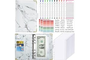 KIHONI A6 Binder Budget Planner Deutsch: Geld Organizer Budget Planer mit 12 Binder Taschen, 12 Budgetblätter Deutsch, Etikettenaufklebern Sparbuch für Reisen,Tagebuch und Geschenk (Marmor Weiß)