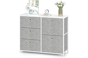 ‎WEEU Kommode Schränke mit 5 Schubladen aus Stoff Sideboard TV Schrank Metall Aufbewahrungssystem Praktischer Organizer Beistelltisch für Wohnzimmer Schlafzimmer Flur Küche Büro Stahl Holz Weiß & Grau