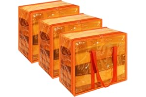 Vieshful 3 Pack Clear Storage Bags Clothes Storage Bags with Zips 40L Transparent Underbed Storage for Clothing, Blankets, Duvet, Pillow, Orange