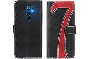 FMPCUON Funda para Xiaomi Redmi 9, Funda Libro Xiaomi Redmi 9, Flip Folio Cartera Carcasa Billetera Móvil Case Cover Cuero Caso para Xiaomi Redmi 9, Negro Rojo