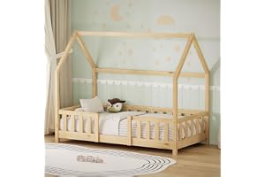 ML-Design Barnsäng 80x160 cm med fallskydd Montessori hussäng och ribbotten i massivt furu natur stabil säker låg säng för barnrum flickor pojkar trä sängram med tak ungdomssäng enkelsäng