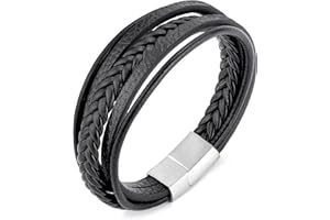 Philip Jones Men's Genuine Black Leather Bracelet with Stainless Steel Clasp