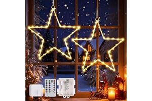‎LUCALDA 80 LED Weihnachtsdeko Fenster 8 Modi Weihnachtsdeko Fensterdeko Weihnachten mit Fernbedienung & Timer Warmweißen Batteriebetriebene Weihnachtsdeko Innen Stern Lichter für Fenster Beleuchtung 2 Stück
