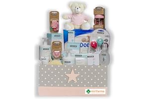 Mirifarma Canastilla Bebé Fantasy (Rosa) de Suavinex para regalo. Con Caja Rosa, Peluche Osito, Gel-Champú, Loción, Crema, Esponja, Toallitas, Biberón, Chupete, Broche, Sonajero, Pañales.