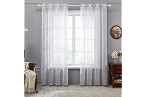 Deconovo Tende Camere da Letto Trasparenti in Voile Moderne 2 Pannelli, Tende Stampate con Linee per Finestre Cameretta Bambini con Occhielli, 140x260 CM Bianco-Linee