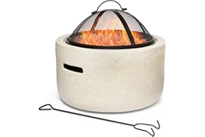 VonHaus Fire Pit – 2 in 1 Firepit with BBQ Cooking Grill for Outdoor, Garden, Patio – MgO Material, Stone Effect Finish, Fire Poker & Mesh Cover Included, Carry Handles – Use Wood or Charcoal to Fuel