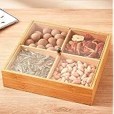 Promosyonca Bambu 4'l&uuml; Kapaklı &Ccedil;erezlik, Kahvaltılık, Mika Kapak, Ahşap B&ouml;lmeli Servis Kutusu