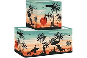 HUUMONSS 30cm Boîtes de Rangement Lot de 3 Plage Tropicale Livres Rangement de Vêtements pour Placard Étagères Coffre à Jouets Enfant Palmier Sunset Surf Silhouette