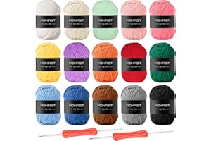 rokrist Kit Gomitoli di Lana, Cotone per Uncinetto, Filato Lana con 2 Uncinetto per Cappelli, Calze, Sciarpe, Maglioni e Oggetti D'artigianato (15 Colori, 15 Gomitoli da 50 g)