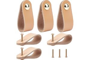 GORGECRAFT 6Pcs Leather Drawer Pull, Nordic Wardrobe Cabinet Door Handle, Single Hole Furniture Hardware Pulls for Cupboard Drawer- 141x24.5mm, Gold