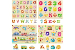 Ulikey 4 Piezas Puzzle de Madera Letras Número Vehículo Mueble, Rompecabezas Madera Aprendizaje Temprano Juego Educativo Juguetes Educativos Montessori Juego de Regalo para Niños Niñas (Número Letras)