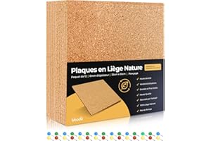 BIBODU Liège mural autocollant 30x30 cm, 12 plaques, 6 mm, 30 punaises - Tableau de notes, Décoration