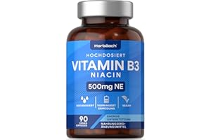 HORBÄACH Vitamin B3 Niacin | Hochdosiert 500mg Nicotinamid pro Kapsel | 90 VEGANE Flush Free Kapseln | Hochdosiert Nicotinamide Supplement | Haut - Nerven - Energie | von Horbaach