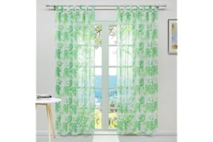 ESLIR Gardinen mit Schlaufen Vorhänge Gardinenschals Transparent Schlaufenschal Pflanzen Muster Voile Grün BxH 140x175cm 1 Stück