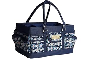 SEWING ONLINE Sew Stylish Craft Organiser Bag, Navy Daisy Pattern - Collapsible Caddy and Tote with Compartments for Sewing, Scrapbooking, Paper Craft, and Art - PT900-NAVY-DAISY