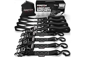 FORTEM Ratchet Tie Down Straps, 2362kg Break Strength, (4) 3.04 Meter Heavy Duty Straps, (4) Soft Loops, Rubber Coated Metal Handles, Safety S Lock Hooks, Carrying Bag