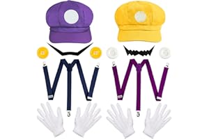 Orgoue Super Brothers Costume Accessories, Super Bros Hat Mustache Gloves Buttons Suspender Set for Adults Kids Women Cosplay