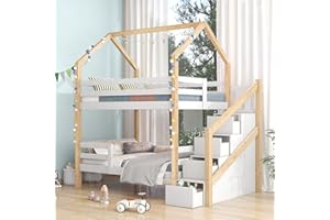 KecDuey Kinderbett 90 X 200 cm Hausbett aus Kiefernholz Etagenbett, Bett mit,Leiter,Leiterschrank und Lattenrost ohne Matratze