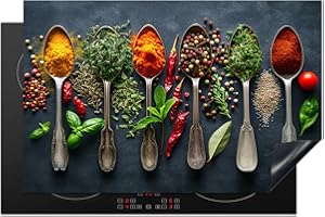 KitchenYeah© Copri Piano Cottura 80x52 cm Cucina Coprifornelli Tappetino per Induzione Fornello Tutto per la Cucina Spezie - Cucchiai - Calcestruzzo - Pepe - Spezie