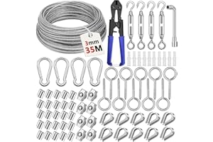 NCKIHRKK 74Pcs Fune Cavo Acciaio 304 inox Kit,35M Cavo Acciaio Inossidabile Φ3mm con Tiranti per Filo Acciaio Fune Tenditore,Filo per Stendere il Bucato da Esterno,Tenda Appesa,Tende,Appendere Lamp