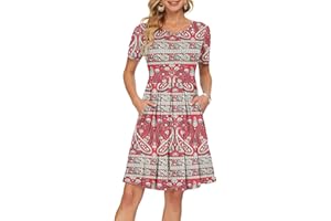 AUSELILY Damska plisowana luźna luźna sukienka z krótkim rękawem i kieszeniami do kolan