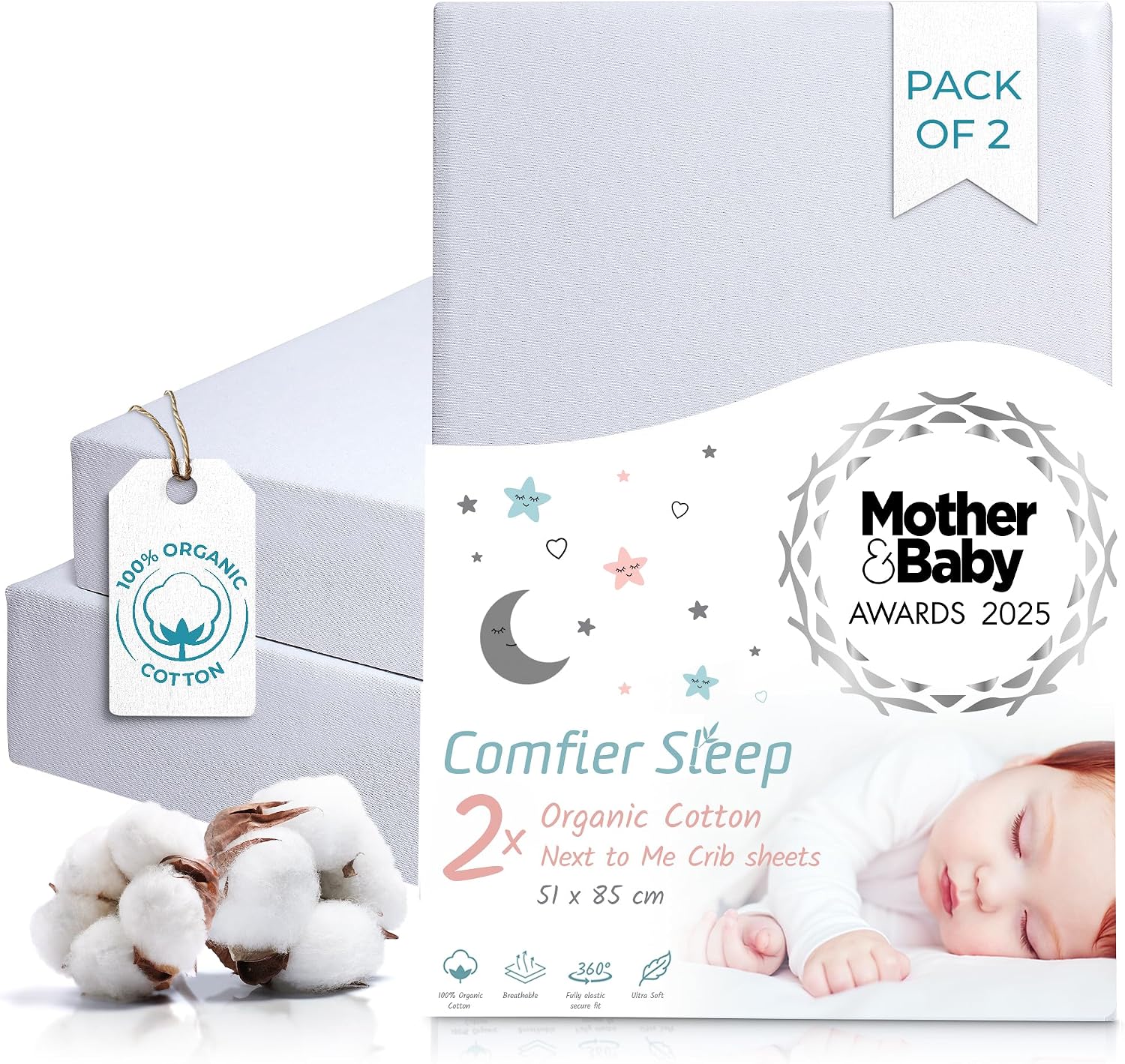 Next To Me Crib Sheets 51x85cm – Award-Winning 2 Pack 100% Organic Cotton Grey Bedside Crib Fitted Sheets – Soft Breathable Tutti Bambini CoZee Fitted Sheets for Daily Use
