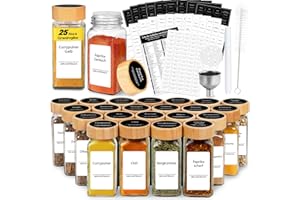 Baseola 25 Set Gewürzgläser Eckig mit Bambus Deckel, Gewürz Organizer und 512 Etiketten, 120ml Gewürzdosen Set mit Kreidestif, Trichter & Bürste (Schwarz & Weiß)