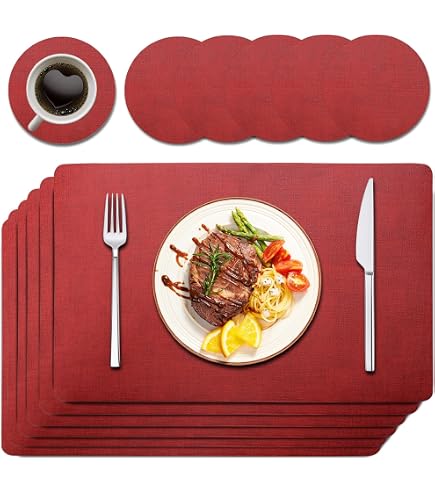 Set di 6 tovagliette lavabili, in finta pelle, resistenti al calore, 30 x 43 cm, antiscivolo, per casa, cucina, ristorante e hotel (nero