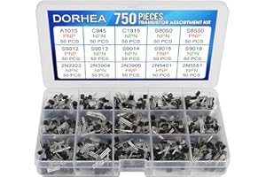 DORHEA 750 Pcs Transistor Kit A1015 C945 C1815 S8050 S8550 S9012 S9013 S9014 S9015 S9018 2N2222 2N3904 2N3906 2N5401 2N5551 15 Values PNP NPN Power Transistors Assortment Kit