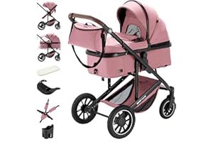 Daliya® FLEXI-PRO M 2in1 Kombikinderwagen & Buggy – XXL-Set, Reise-Kinderwagen mit Einhand-Abnahme, Wetterschutz, Sportsitz, Wickeltasche, Spieltisch, Regenschutz, dicke Matratze (Rosa Leinen)