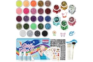 Beesjuy Kit de Tatuajes Purpurina Temporales, 30 Colores, 6 Botellas de Lentejuelas, 200 Pegatinas,133 Plantillas, 4 Pinceles, 3 Pegamentos, Regalo para Niños