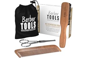 BARBER TOOLS WWW.BARBER-TOOLS.COM Kit d’Entretien Barbe & Moustache Barber Tools – Brosse 100% Poils de Sanglier & Bois de Poirier, Peigne en Bois, Ciseaux à Bouts Arrondis, Sac de Rangement – Coffret Soins Homme