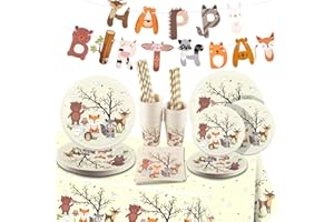 YOSEMY 127 Stück Geburtstag Party Geschirr, Waldtiere Safari Partygeschirr Set für 25 Gäste, Set Papier Teller PapierTassen Servietten PapierStrohhalme Einweggeschirr für Geburtstag Hochzeit Party (Beige）