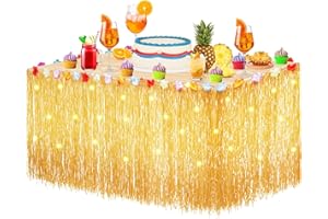 Panelee 2 Pcs Hawaiian Table Skirt Fairy Lights Set Luau Party Grass Table Cloths with Flower Warm White String Lights Battery Operated Led Copper Wire Lights Hawaiian Decoration for Party Holiday