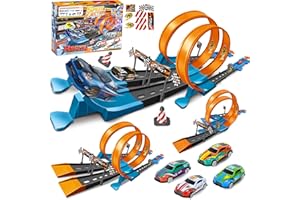 PATEMZON Piste Macchinine per Bambini, 3 in1 Piste da Corsa Flessibile con Anello e Binari A U, 40+Pezzi Set di Piste da Corsa con 4 Veicoli Modello e 4 Marce, Ideale Regalo per Bambini di 3+Anni (B)