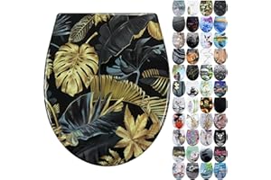 Fanmitrk Abattant de WC avec système d'abaissement automatique - Couvercle de toilette en Duroplast avec fermeture rapide - Montage par le haut - Siège de toilette avec motif feuille dorée