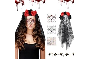 MaibaoteMbt Tag der Toten Haarreif und Schleier, Halloween Totenkopf Kopfschmuck, Tag Der Toten Rosen, Halloween Gesichtstattoos, Damen Kostüm Accessoires für Halloween Karneval Cosplay