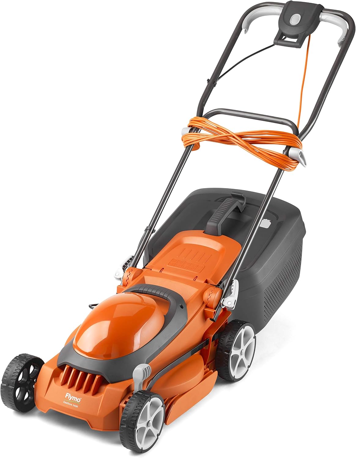 Flymo EasiStore 340R Electric Rotary Lawn Mower - 34 cm Cutting Width, 35 Litre Grass Box, Close Edge Cutting, Rear Roller, Central Height Adjust , Space Saving Storage Features