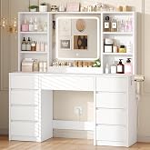 Kotascoy Makeup Vanity with Dimmable LED Light and Sockets, 3 Colours | Vanity Desk with 9 Drawers and 7 Open Compartments, M