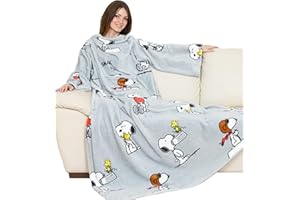 Kanguru Coperta con maniche Grigia Snoopy, soffice plaid in pile, Microfibra, con tasca centrale, 180x140cm, regalo donna, Hoodie per divano, letto, relax, Natale